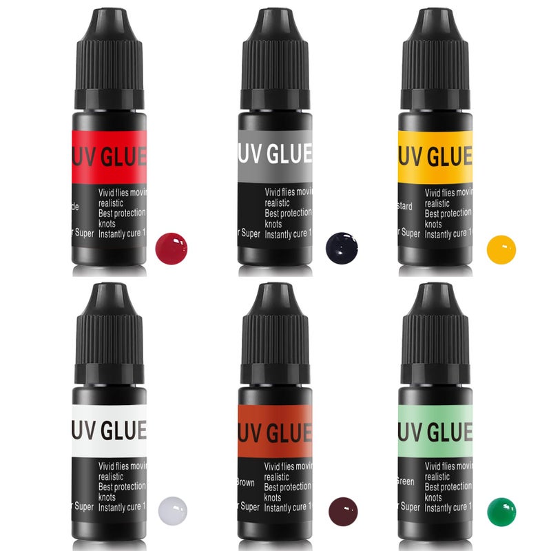 Riverruns 6 Colored Super UV Glue Combo Set Revolutionary Fly Tying for Building Flies Flies Heads Bodies and Wings Tack 10ml Each Color Unit - Image 1